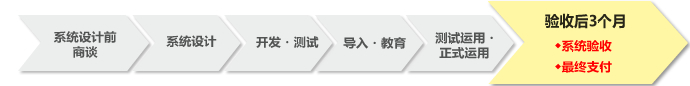 系统设计前商谈>系统设计>开发∙测试>导入∙教育>测试运用∙正式运用>验收后3个月 系统验收 最终支付